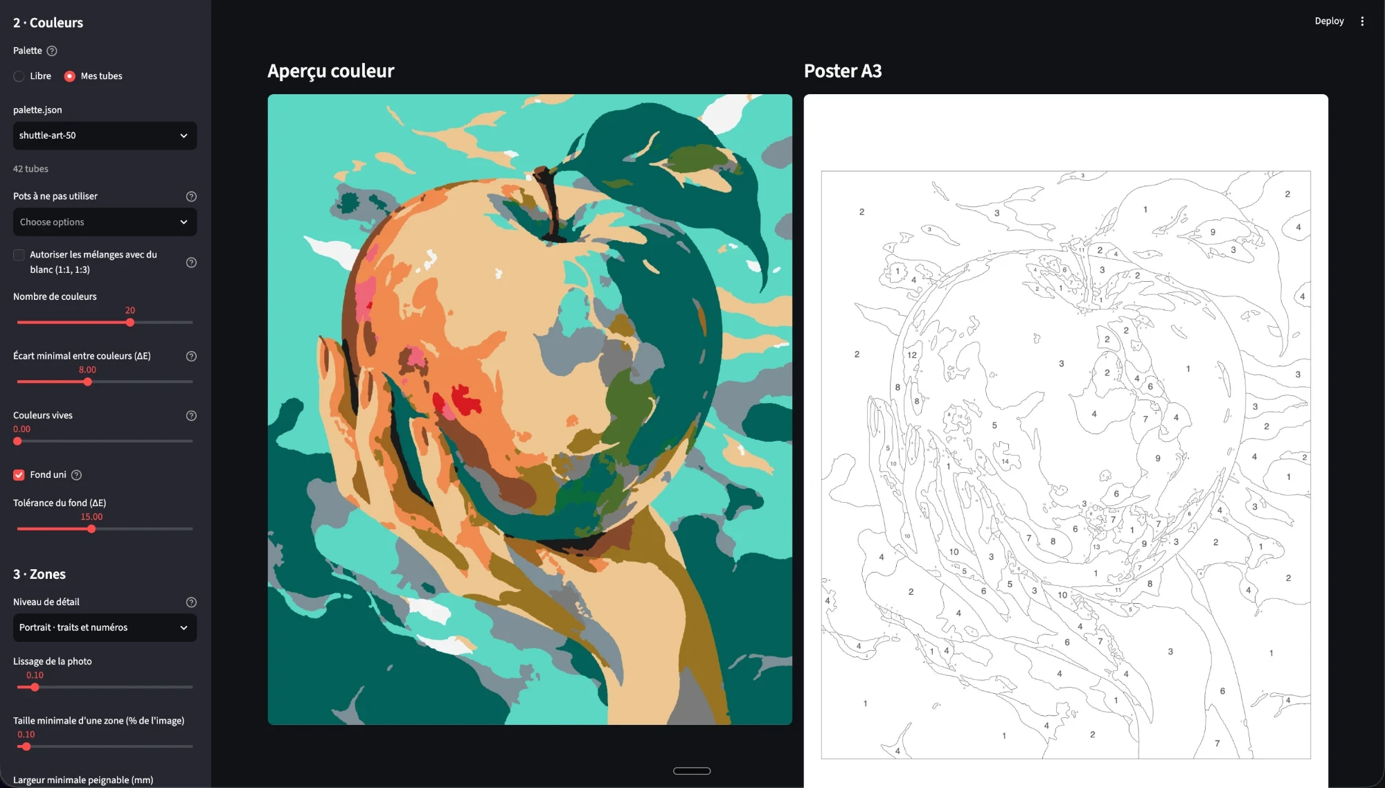 The interface, in French. On the left, a column of settings: my jars as the palette, 42 jars available, 20 colours, minimum gap between colours, plain background, level of detail. On the right, the colour preview of a hand holding an apple painted like the Earth, next to the numbered A3 poster.