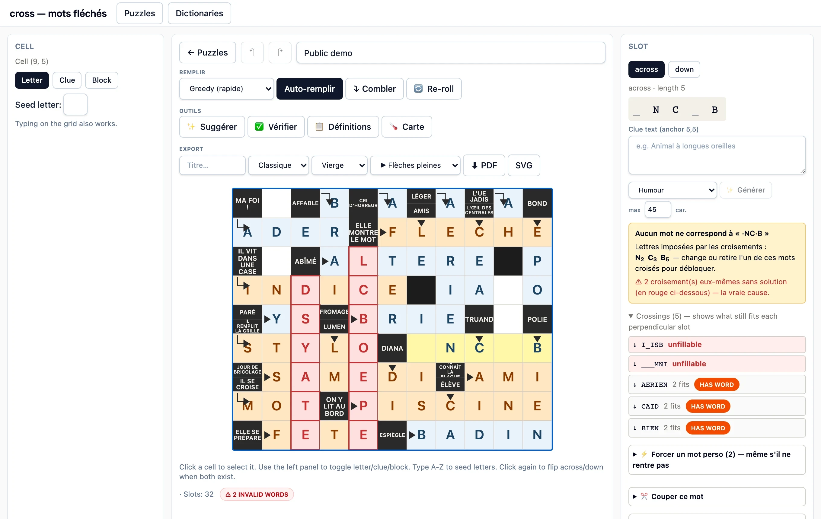 The editor with a grid in the centre and a slot panel on the right. A yellow box explains that no word fits the pattern, names the three letters imposed by crossing words, and lists two crossing slots as unfillable.
