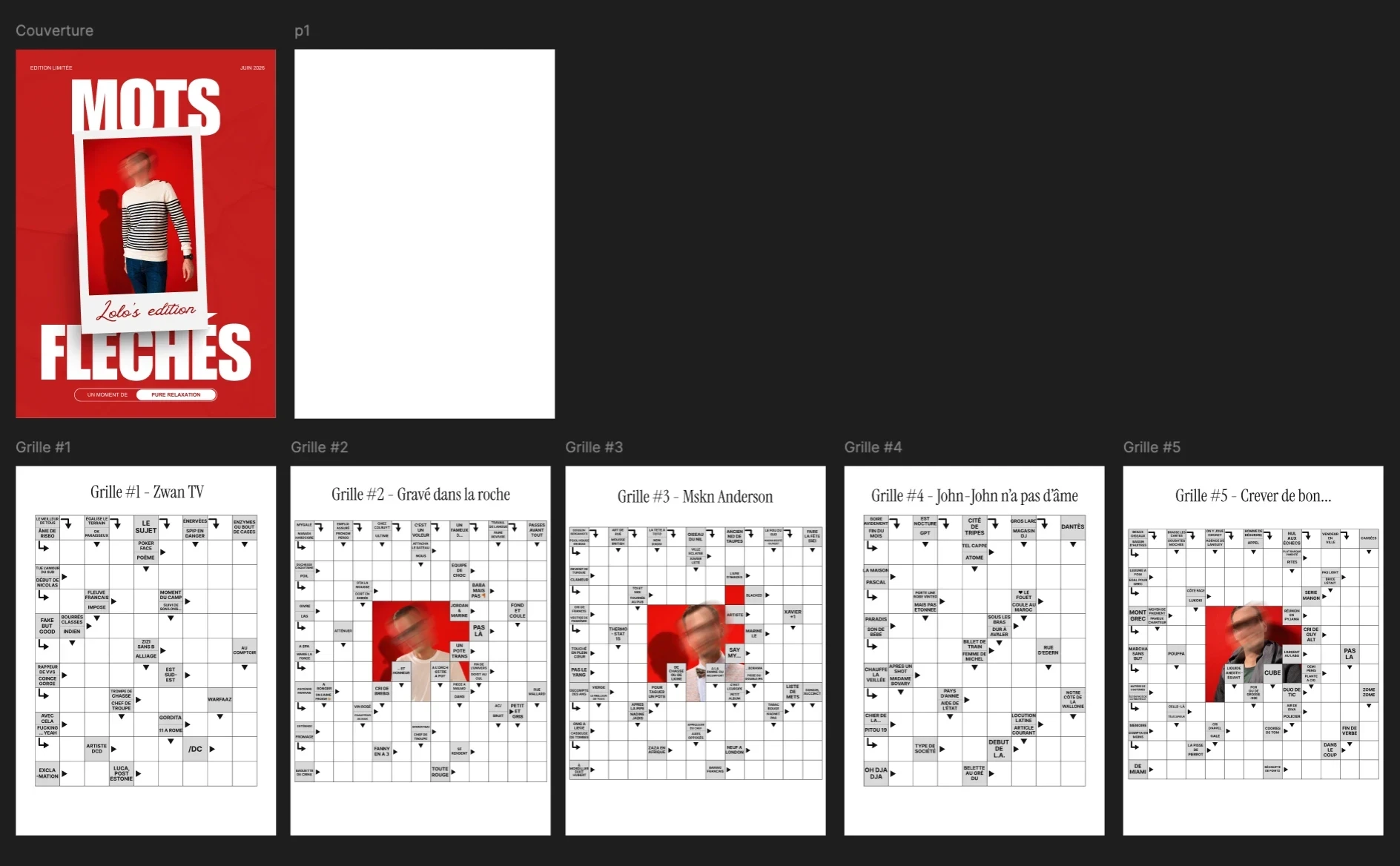 The Figma file: a red magazine-style cover titled Mots fléchés, a blank page, and five grids in a row, each with its own title and a blurred portrait in the centre.