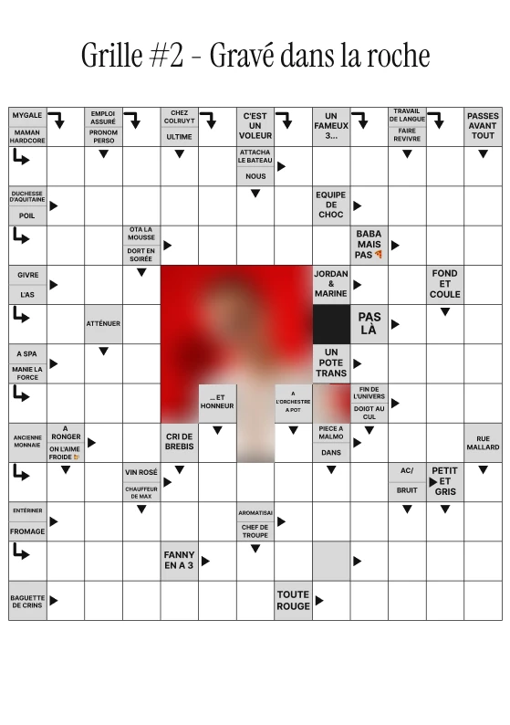 A finished grid titled Gravé dans la roche, with a portrait in the centre (blurred here), arrows on every clue cell and clues rewritten as private jokes.