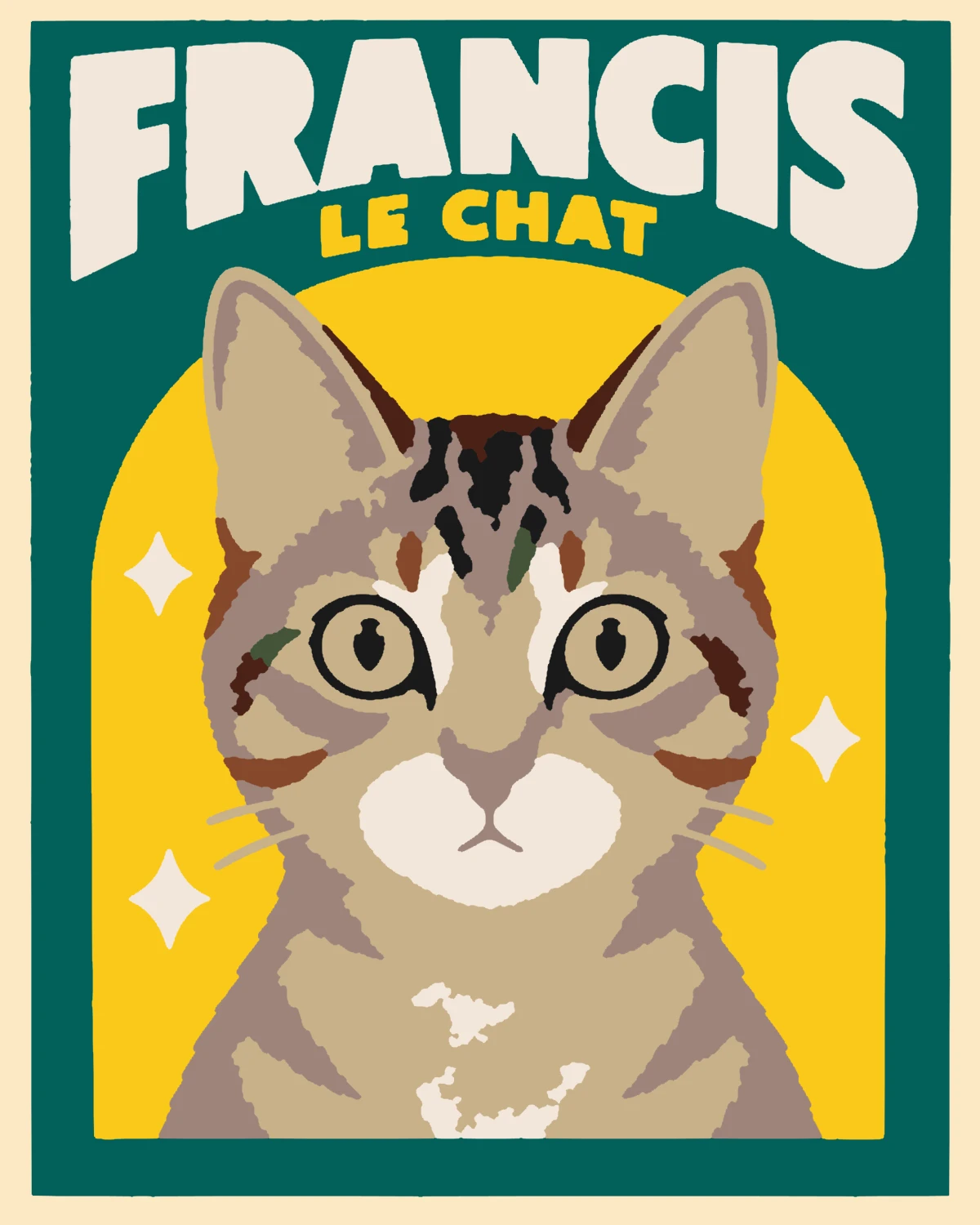 The colour reference for the Francis poster: the cat in beige and brown tones, with a brown nose and beige eyes, on a yellow arch and green background.