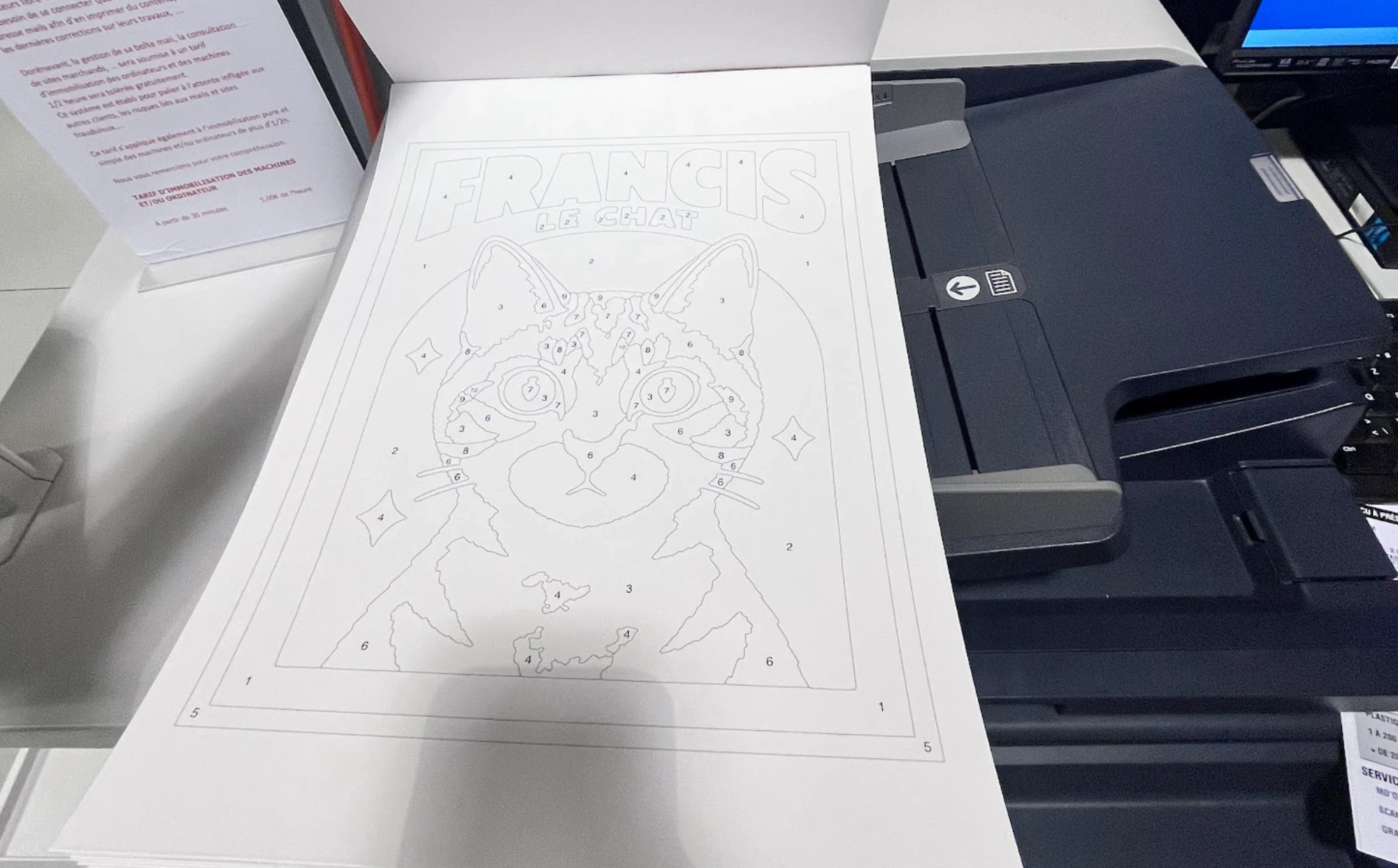 A freshly printed A3 sheet lying on the output tray of a shop photocopier: the outline of a cat with a number in every zone, under the title Francis le chat drawn in hollow letters.