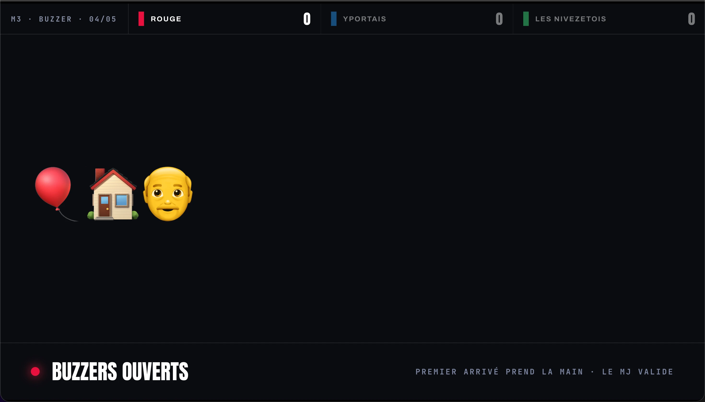 An emoji clue showing a balloon, a house and an older man. The TV says buzzers are open.