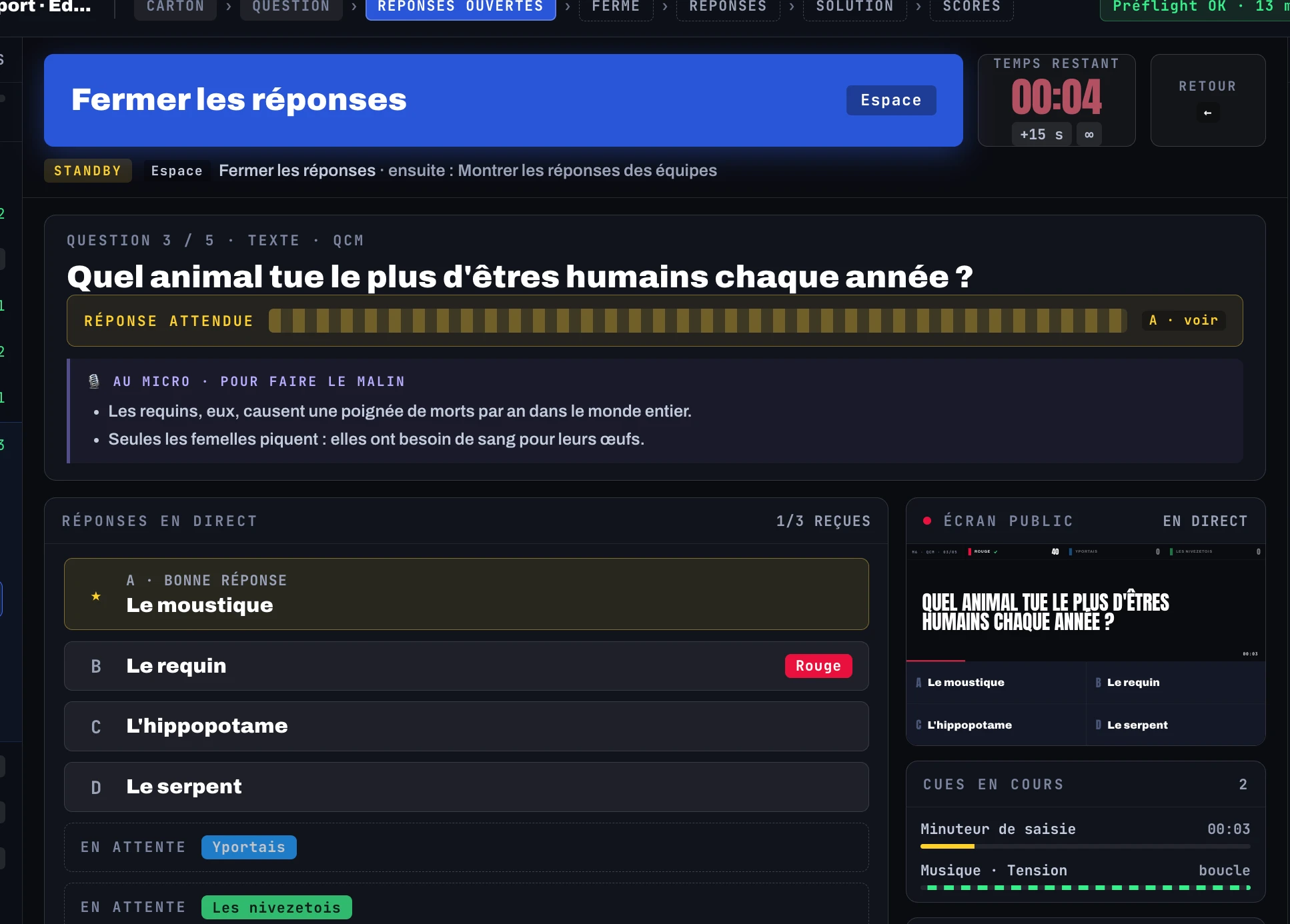 The host console during a multiple-choice question: four seconds remain with a plus-fifteen-seconds control; one of three teams has answered; host-only facts appear above the live responses, beside the public-screen preview and active sound cues.