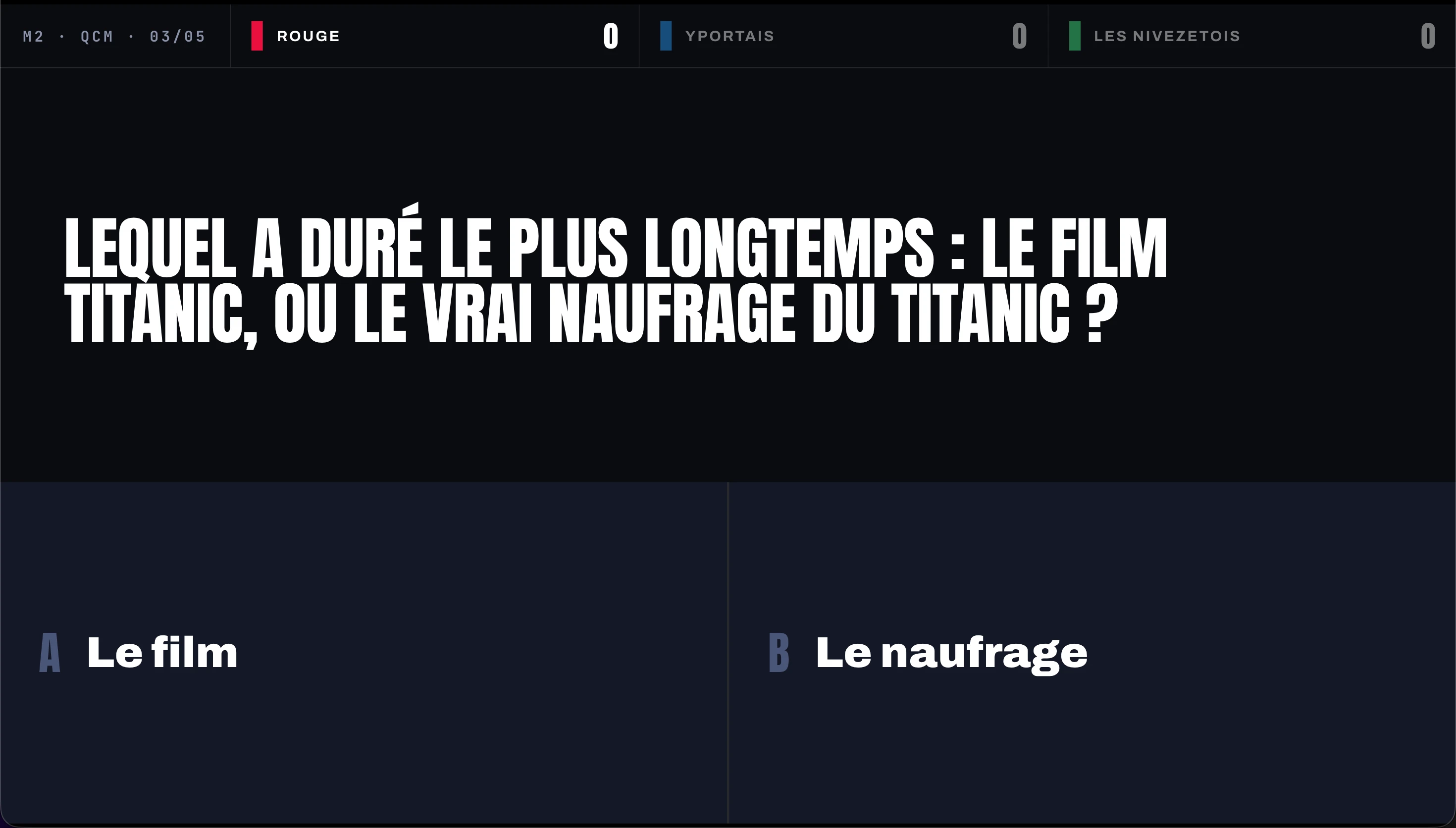 The TV asks which lasted longer: the film Titanic or the sinking of the Titanic, with two possible answers underneath.