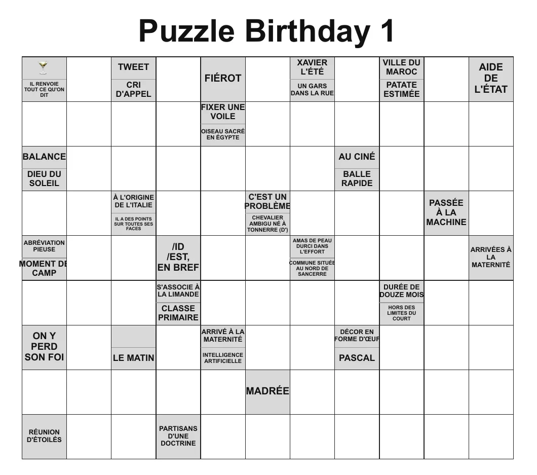 The first birthday grid as the generator produced it: plain grey clue cells, some clue text cut off at the cell edge, no title treatment.