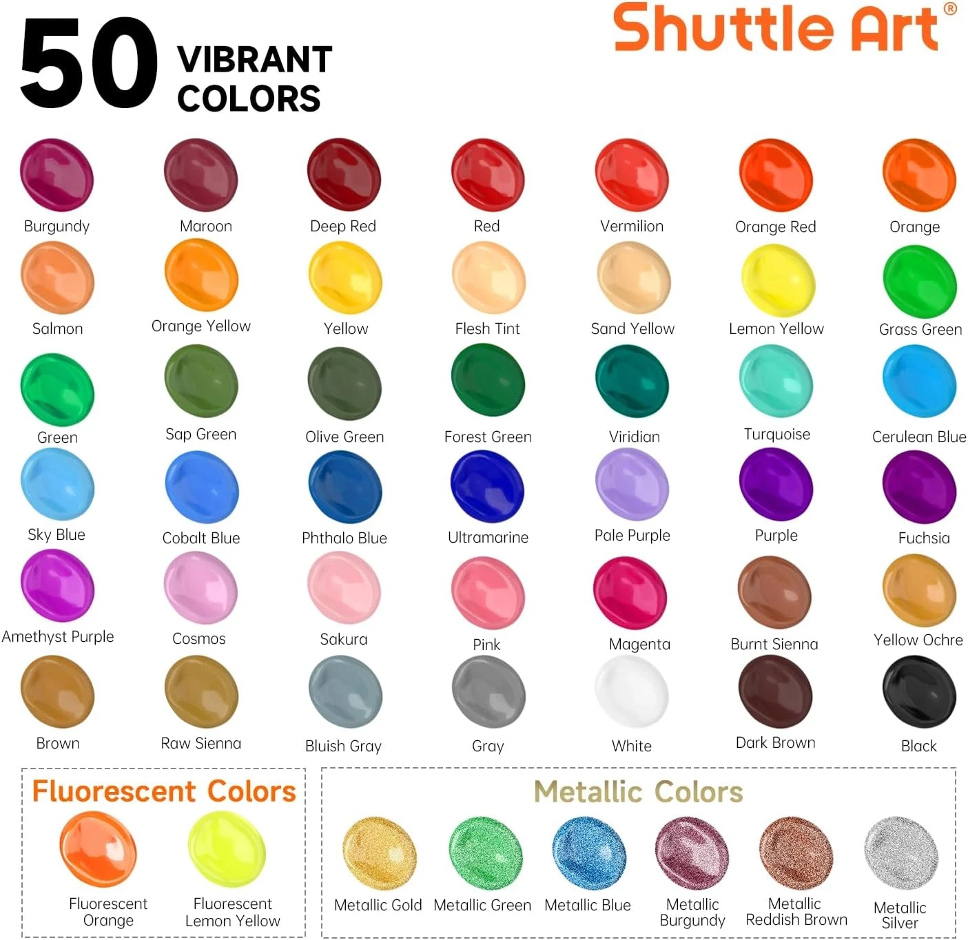 The manufacturer's chart of the fifty colours: forty-two standard colours shown as glossy blobs of paint with their names, then two fluorescent and six metallic colours in separate boxes.