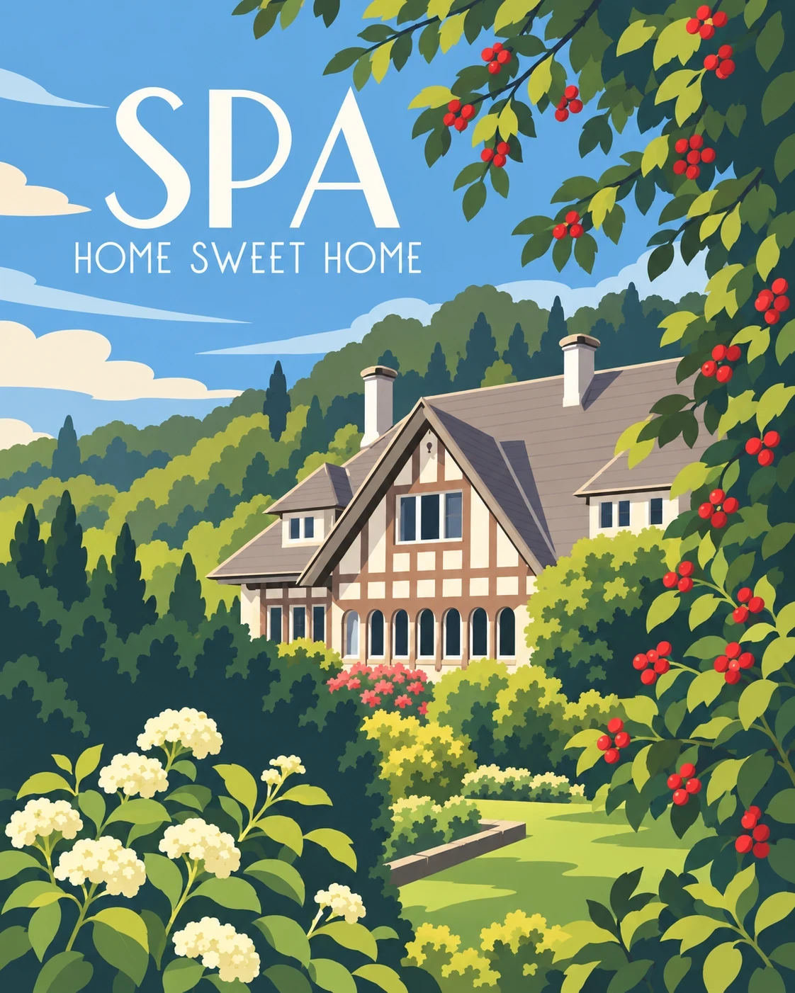 A travel-poster illustration titled Spa, home sweet home: a half-timbered house with a grey slate roof on a wooded hillside, framed by branches with red berries and white flowers.