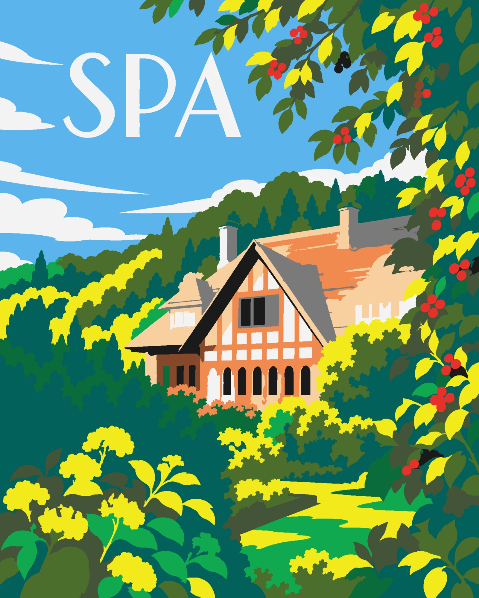 The same scene in fourteen flat, saturated colours. The roof is now salmon and peach, the light foliage is lemon yellow, and the words home sweet home are gone.