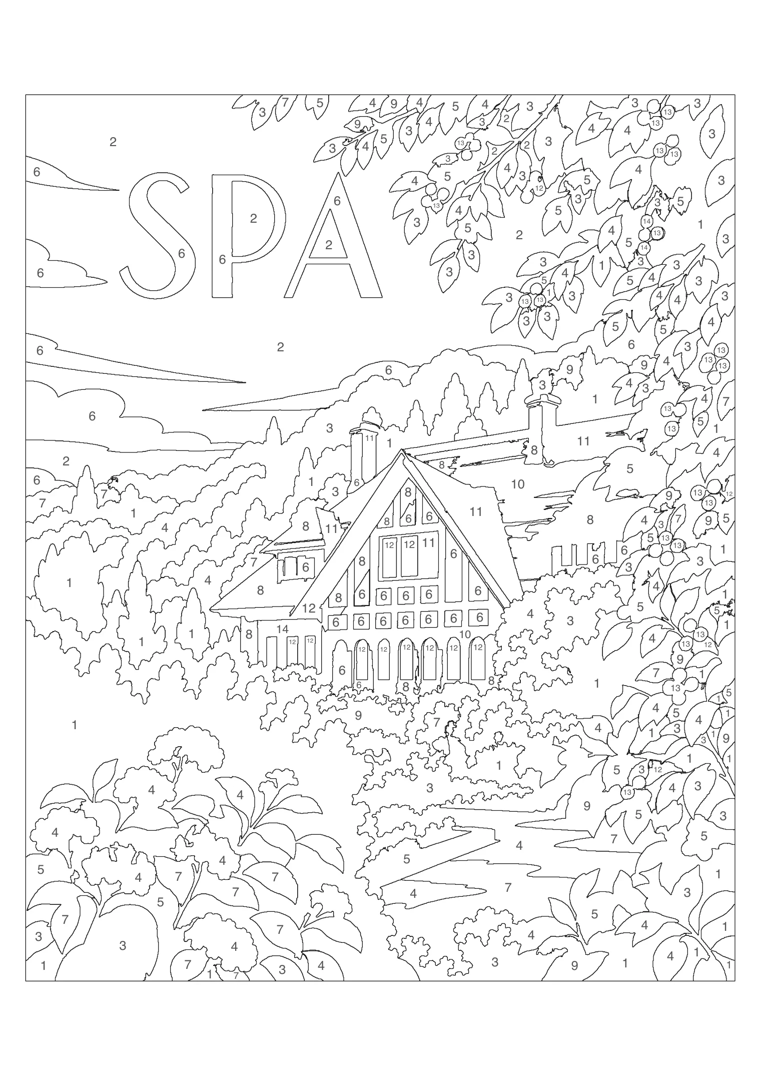 The printable template: thin black outlines for every leaf, berry and timber, with a number in each zone and the word Spa in hollow letters.