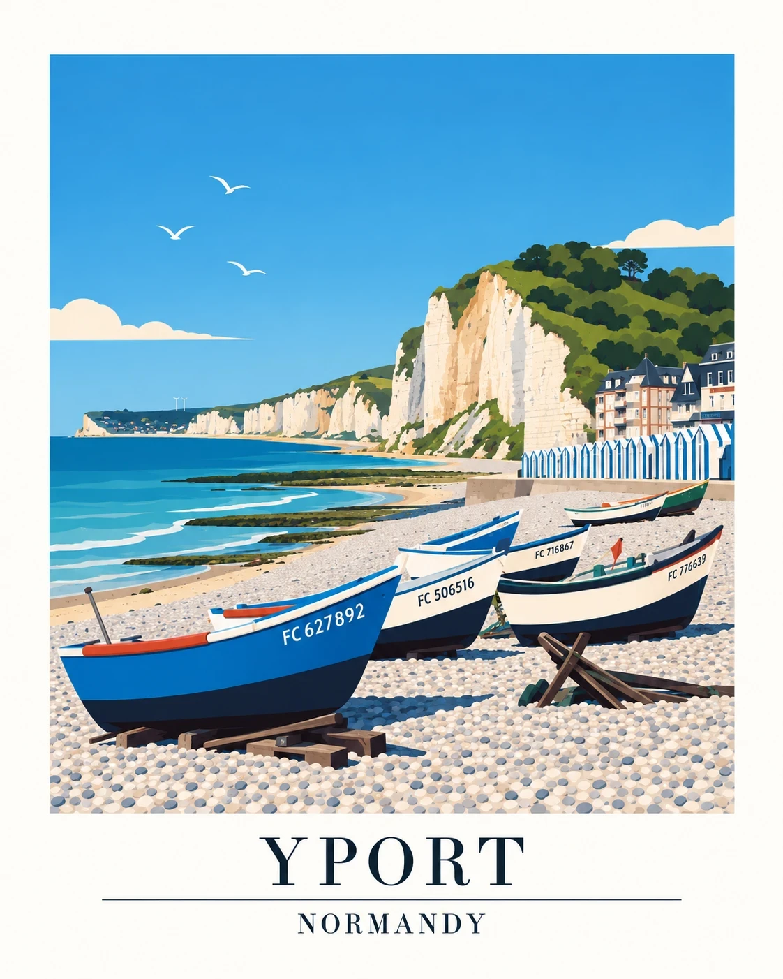 A travel-poster illustration of Yport: blue fishing boats on a beach made of thousands of small pebbles, white cliffs and beach huts behind.