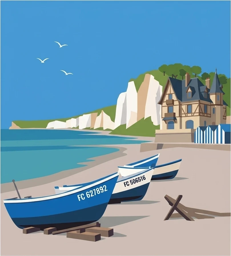 The same scene redrawn with flat shapes: a plain beach, three boats, the cliffs and one half-timbered house.